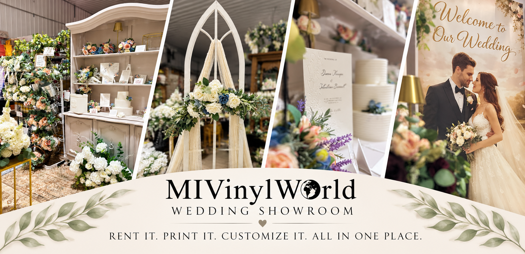 MIVinylWorld Wedding Showroom in Sparta Michigan featuring wedding rentals, florals and custom printing